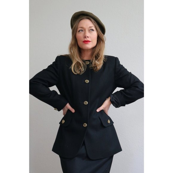 1990's Oleg Cassini Black Wool Suit Set // Women's Size Small // Structured - Picture 3 of 8